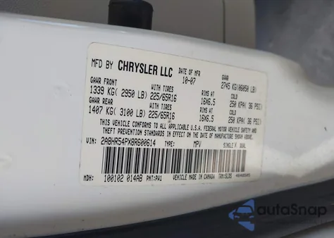 2008 Chrysler Town & Country Touring z USA, uszkodzony, nr VIN 2A8HR54PX8R600614